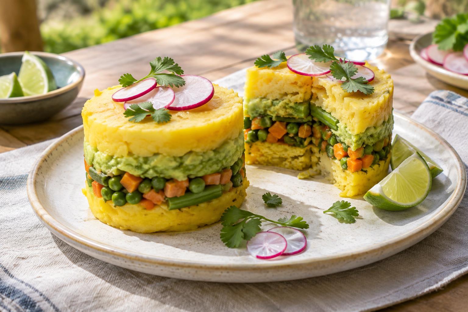 Vegetable Causa with Lime-Seasoned Potatoes, Avocado and Cooked Vegetables